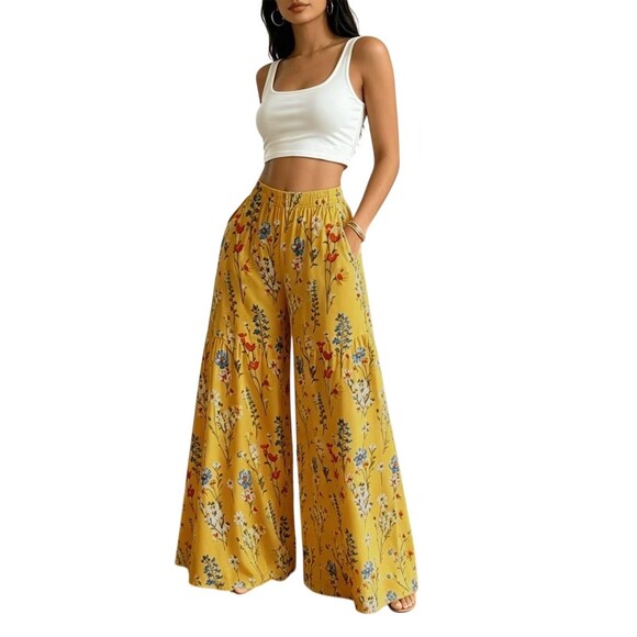 Unknown Pants - Boho Tiered Wide Leg Palazzo Pants L Mustard Yellow Floral Hippie Cottagecore